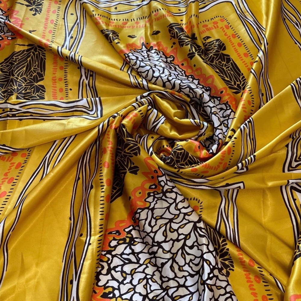 Vibrant Yellow Patterned Multicolor Tribal Print Satin Bohemian Fabric